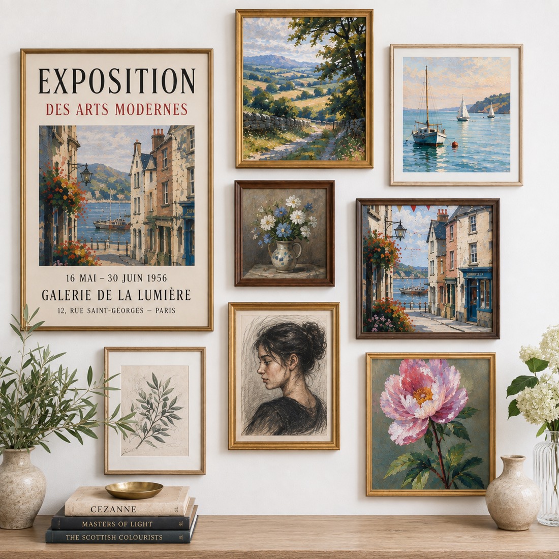A gallery wall of framed paintings, drawings and an exhibition poster